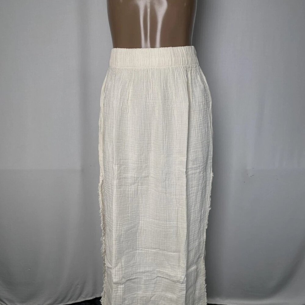 Ikikiz Women’s Crinkle Maxi Skirt One Size Off White — Elastic Waist & Side Slit